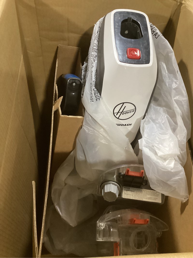 Condition photo showing As Is for (incomplete) hoover powerdash pet hard floor cleaner machine, lightweight floor cleaning machine, floor scrubber with spin scrub brushes, fast drying system, ideal for hardwood, vinyl, tile, laminate and more white