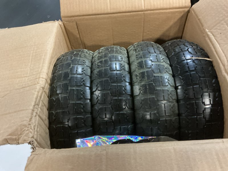 Condition photo showing Good Condition for 13" flat free solid tire, 4.00-6, for gorilla cart, wagon & wheelbarrow, 5/8" bearings, 2.1" offset hub, 4 pack 4pcs