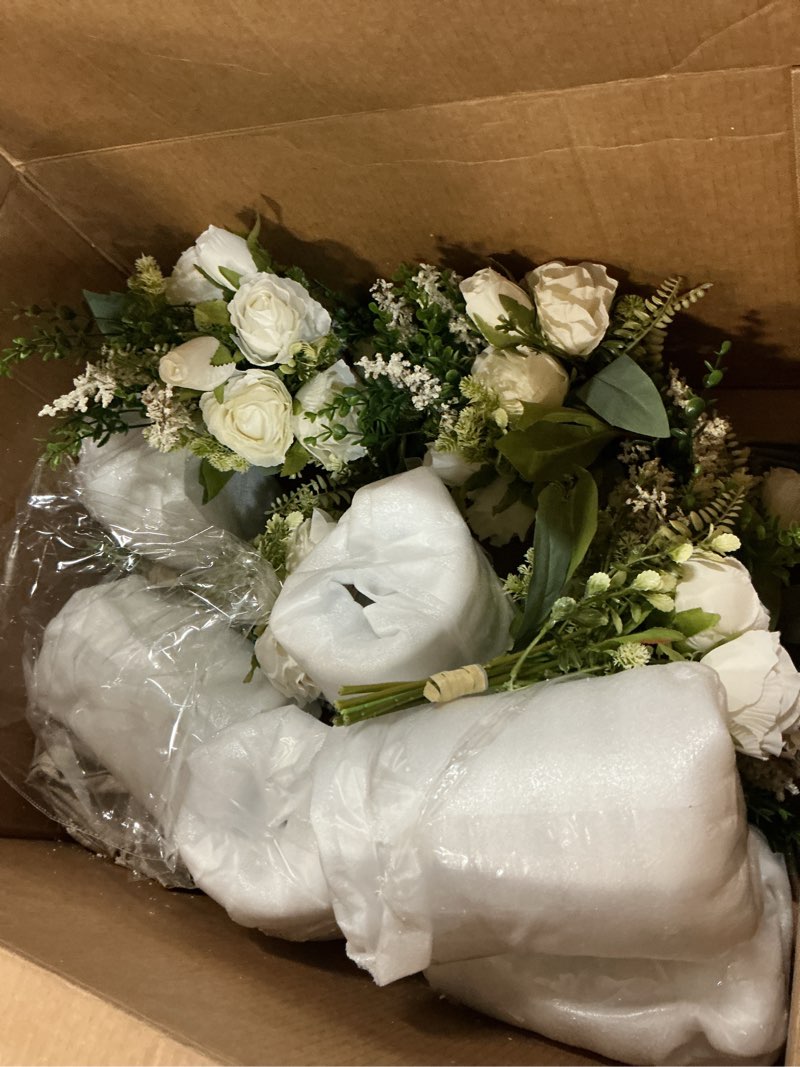 Condition photo showing Good Condition for Flojery 2 Packs Faux Flowers in vase,Fake Flowers with Vase, Artificial Silk Roses in Vase, Artificial Flowers in Vase, Faux Flower Arrangement with Vase for Farmhouse (White with vase) Vase & White