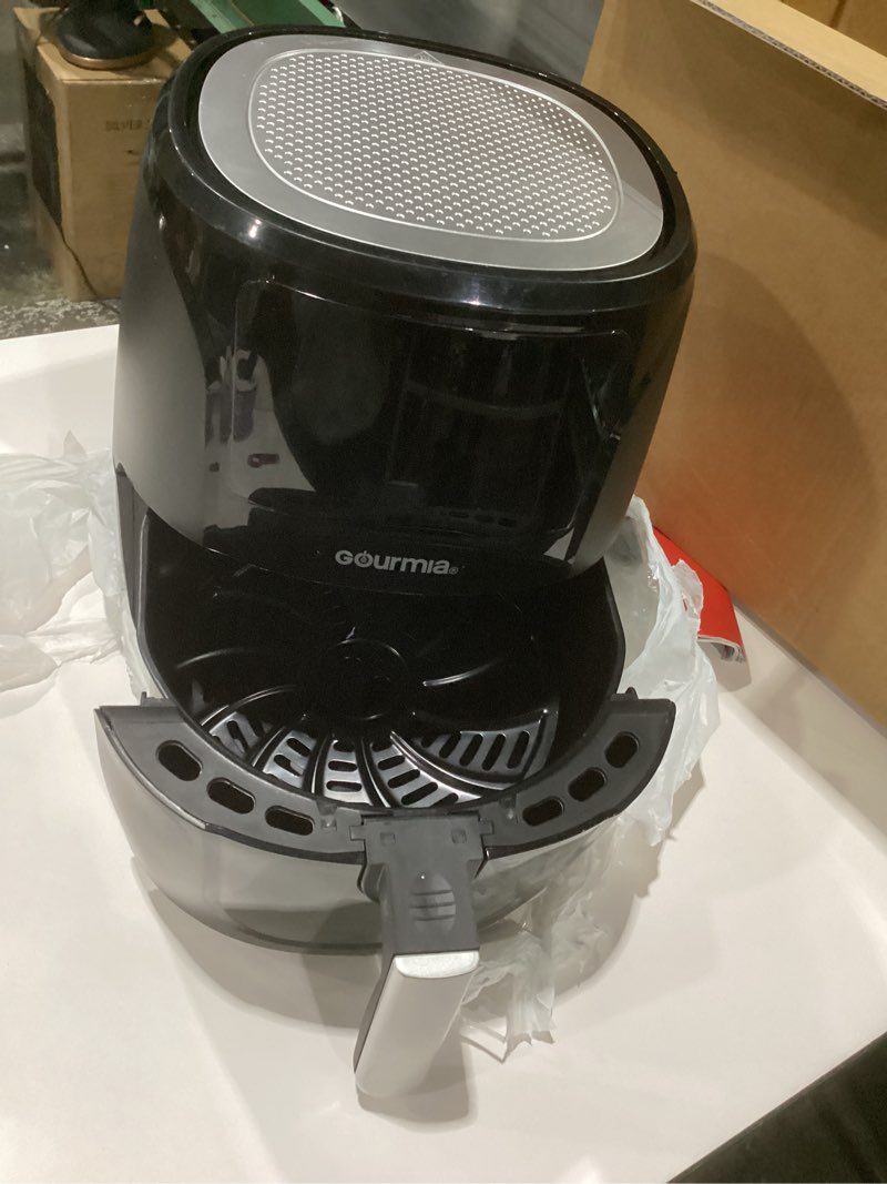 Condition photo showing Good Condition for Gourmia Air Fryer - 6 Qt Large Capacity, FryForce 360º, Digital Display with 12 Presets, Roast, Bake, Broil, Dehydrate, Dishwasher Safe Accessories, Black 6 Quart Black, NOT TESTED, AS IS