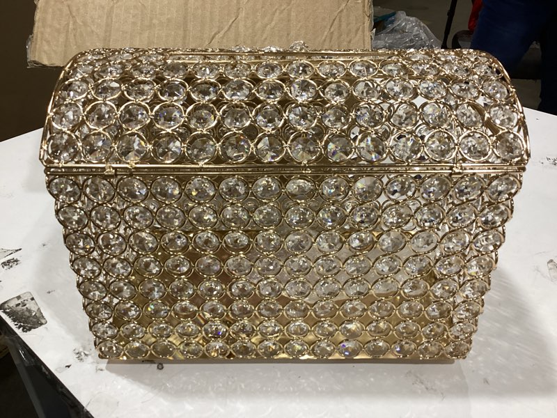 Condition photo showing New/Like New for Nitial Crystal Wedding Card Box with Heart Lock 11in Wedding Money Box Treasure Chest Gold Bead Card Receiving Memory Storage for Reception Brithday Graduation Baby Shower Party (Elegant Style) Gold Elegant Style