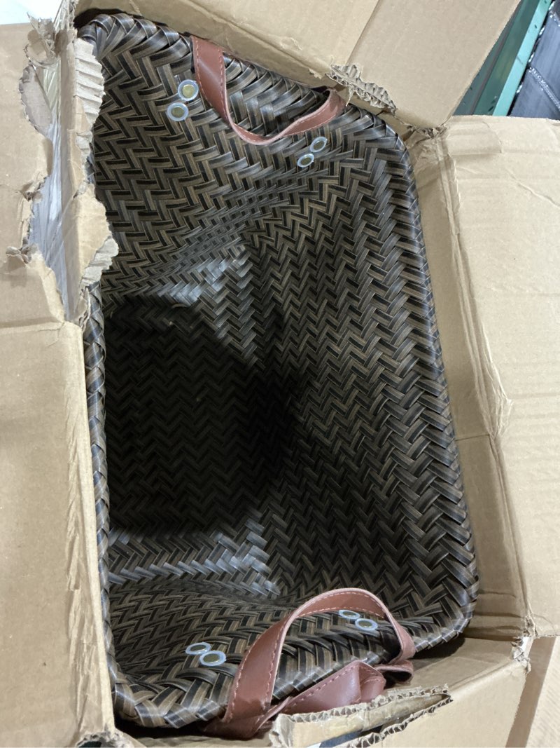 Condition photo showing As Is for GIB Large Wicker Storage Baskets for Shelves, Woven Laundry Basket for Organizing Clothes Blanket Basket, Decorative Rectangular Closet Organizers Storage Bins with Handles, Black/Dark Gray, 4 Pack Dark Gray Large