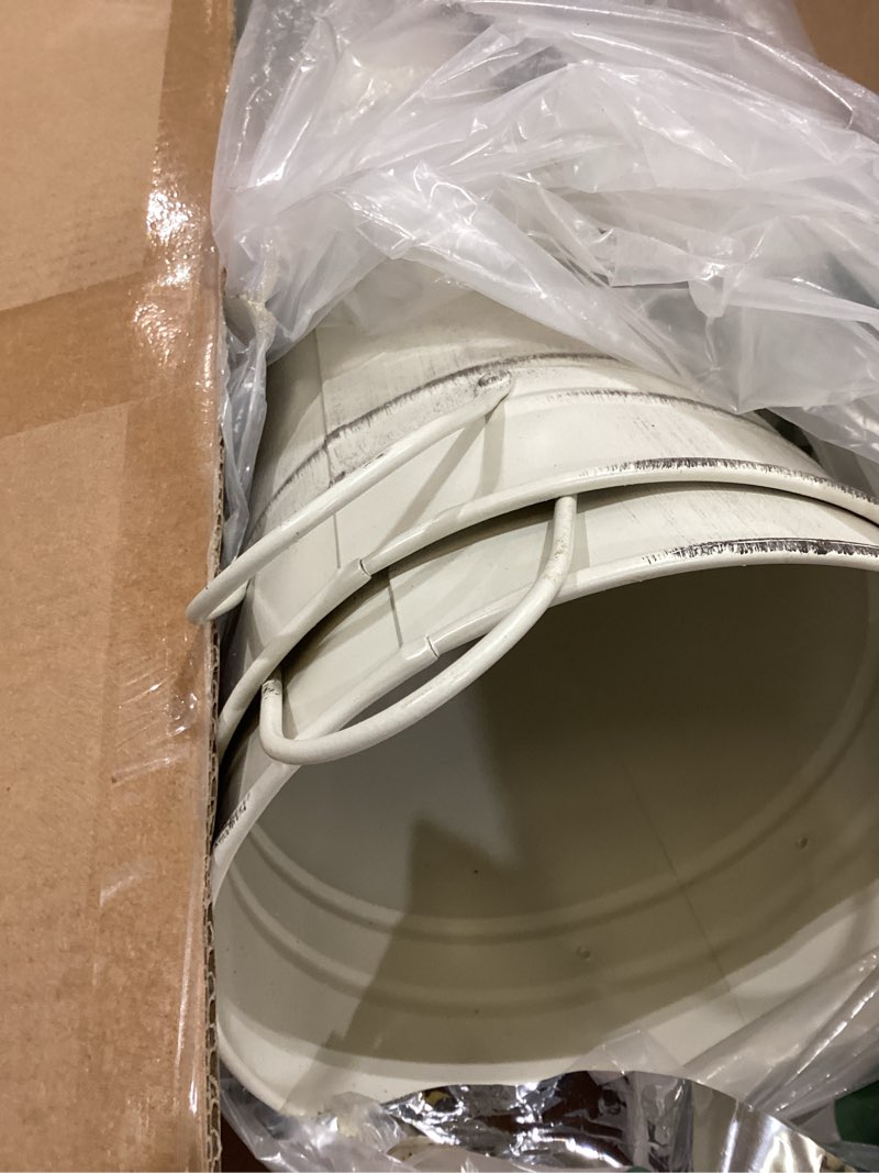 Condition photo showing As Is for Irenare 12 Inch Vintage Galvanized Flower Bucket Metal Flower Vase Farmhouse French Bucket Planter Metal Floral Container for Party Table Centerpiece Weddings Home(White,4 Pcs) White 4