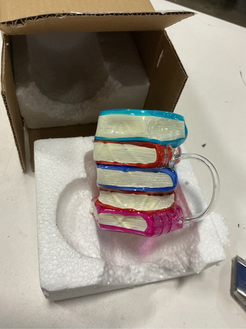 Condition photo showing Good Condition for 3D Painted Chapter Book Mug, Handcrafted Stained Glass Chapter Coffee Cup with Realistic Stacked Boo
