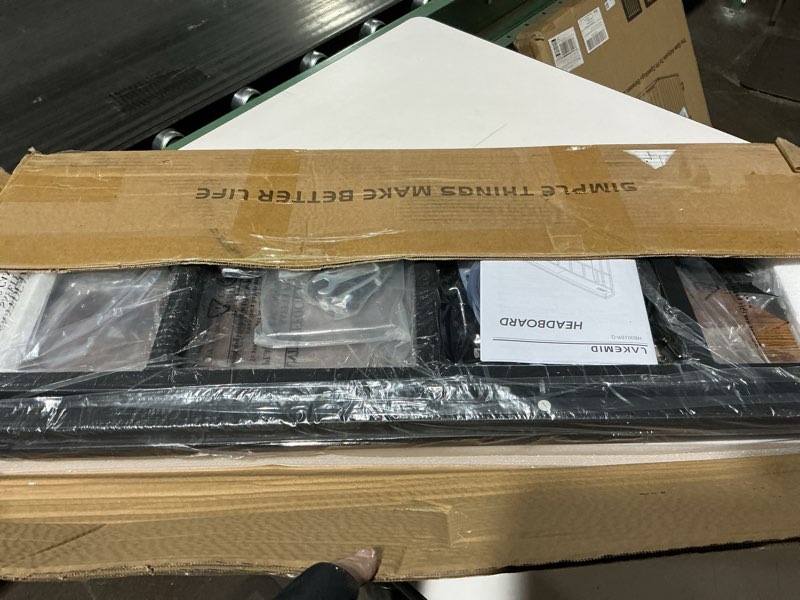 Condition photo showing Good Condition for Headboard Queen Size, Headboards with LED Light, Outlets and USB Ports, Head Board with Storage Rack, Sturdy and Stable Headboard for Queen Size Bed, Adjustable Height, Rustic Brown Queen Metal Frame