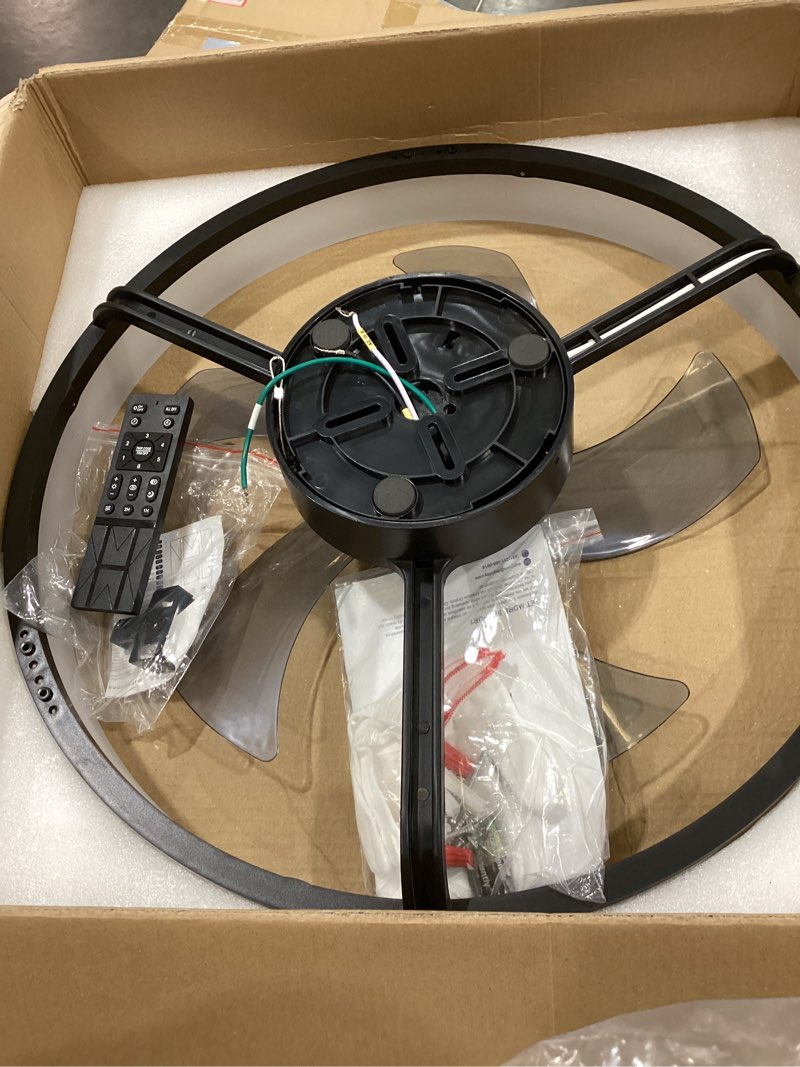 Condition photo showing Good Condition for dllt low profile ceiling fan: 20" modern flush mount ceiling fans with lights for bedroom - black led bladeless fandelier with app remote control 3000k-6500k quiet dc motor for kids room living room black -1 20 inch