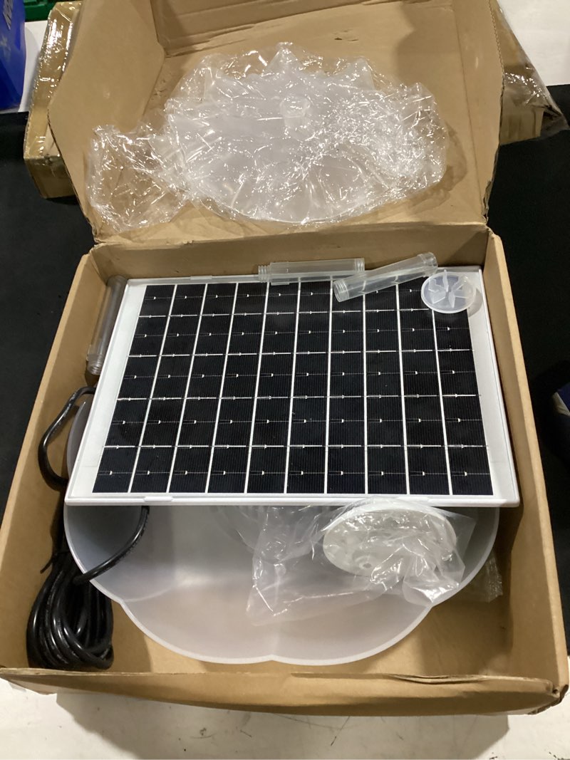 Condition photo showing As Is for aisitin 3 tiered bird bath with 6.5w solar water pump, upgraded solar bird bath fountains with lights, detachable diy solar powered fountain for garden, birdbath, patio, yard and pond