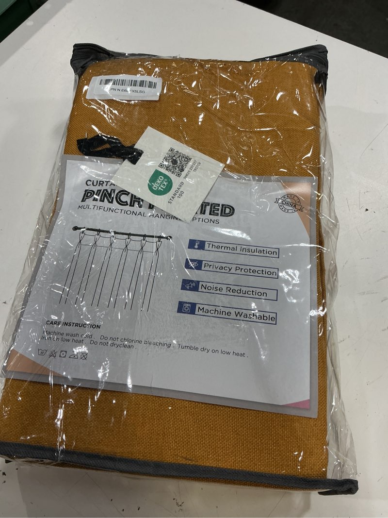 Condition photo showing New/Like New for 100% blackout shield linen look textured pinch pleated curtains blackout drapes 90 inch long 2 panels set, faux linen blackout curtains for bedroom & living room, 40" w x 90" l, mustard yellow lumina | mustard yellow 40"w x 90"l (pack of 2)