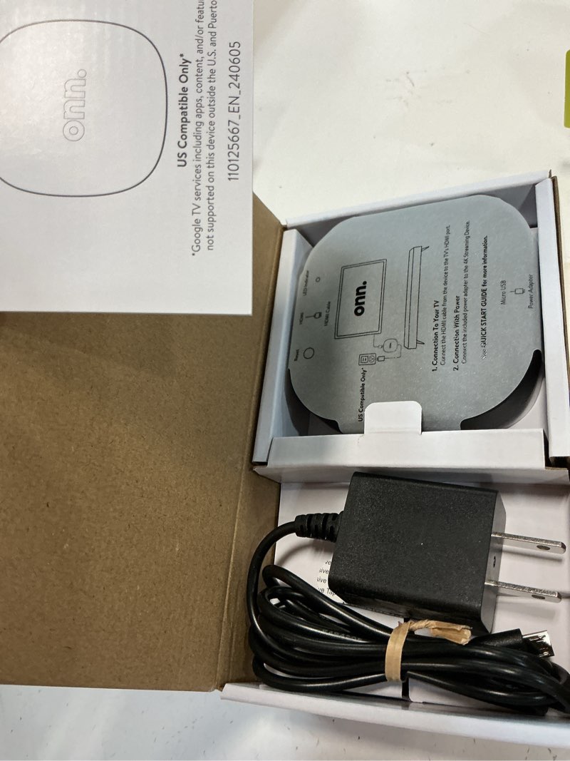 Condition photo showing New/Like New for onn android tv 4k uhd streaming device with voice remote control google assistant & high speed hdmi cable (100026240) black