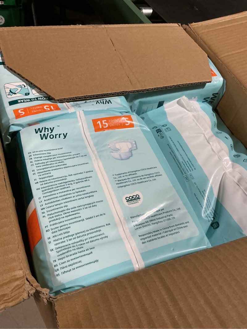 Condition photo showing As Is for WhyWorry Adult Diapers with Tabs, Disposable Incontinence Briefs for Women & Men with Maximum Absorbency, Adult Briefs for Incontinence Overnight, Odor Control, Unisex, Small, 60 Count (4 Packs of 15) Small 60.0