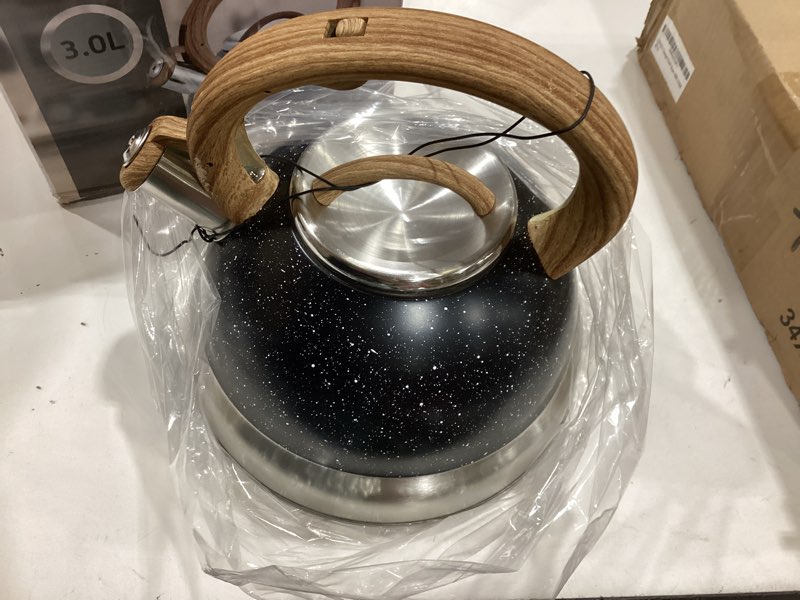 Condition photo showing Good Condition for 3 quart stainless steel whistling tea kettle – natural stone finish teapot with cool-touch wood handle, loud whistle & rust-resistant base(black)