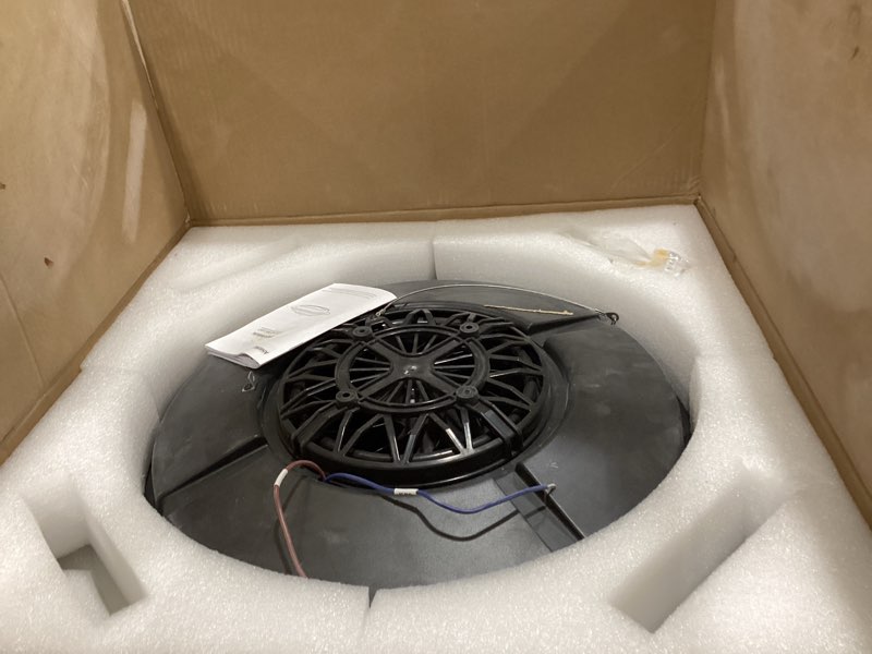 Condition photo showing As Is for Low Profile Ceiling Fan with Light,19.29in Bladeless Ceiling Fan with Remote Control,Enclosed Flush Mount Fandelier,6 Wind Speed,Dimmable LED,Black,for Bedroom Dining Room