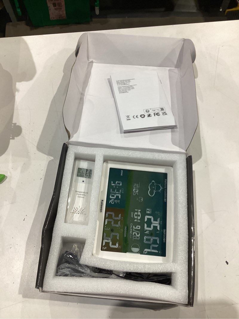 Condition photo showing Good Condition for weather station wireless indoor outdoor home weather stations with atomic clock, digital weather thermometer, temperature humidity monitor weather forecast stations with moon phase deep white
