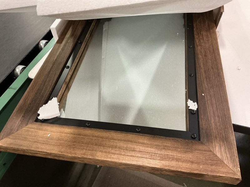 Condition photo showing Good Condition for YOSHOOT Rustic Wooden Framed Wall Mirror, 30"x20", Natural Wood and Iron Bathroom Vanity Mirror for Farmhouse Decor, Vertical or Horizontal Hanging