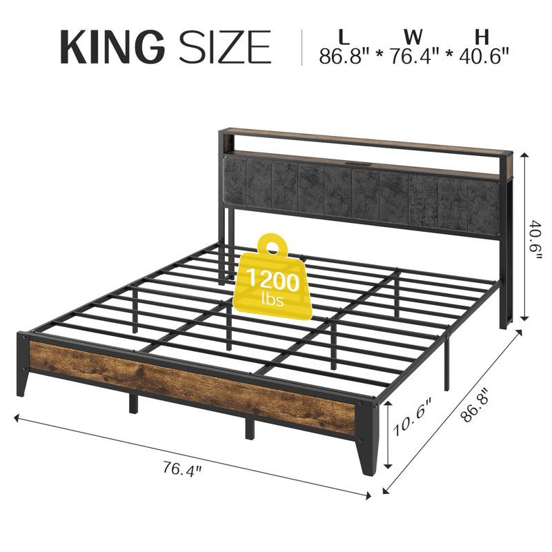 olevs king bed frame with headboard, metal platform bed king size with 2-tier storage, led light & charging station type c, no box spring needed, easy assembly