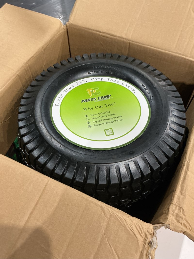 Condition photo showing Good Condition for parts camp 15x6.00-6nhs lawn mower tires and wheels with 3/4" bushing and 3" centered hub, rubber pneumatic tire for husqvarna craftsman riding mowers (2 packs)
