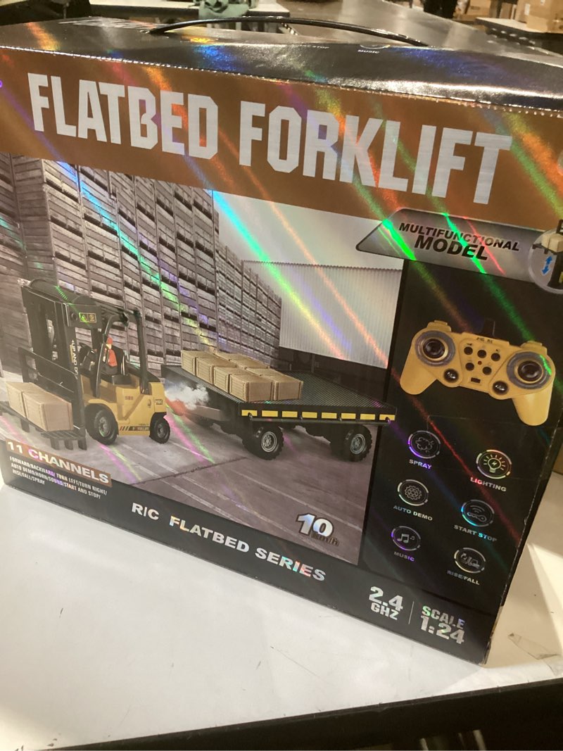 Condition photo showing Good Condition for remote control forklift with flatbed truck, 11 channel rc forklifts with spray, cool lights & sound, 2 in 1 lift fork & hook, crane construction toys for boys, birthday gift for kids 3+