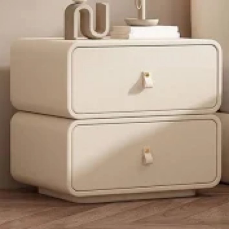 Safeera 19.7-inch French light luxury cream champagne double drawer solid wood bedside table living room side table cabinet fully wrapped in microfiber leather