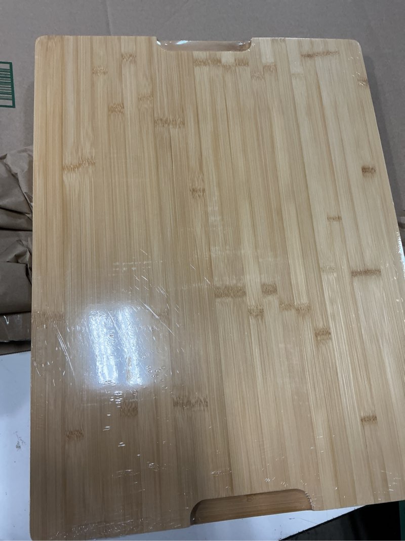 Condition photo showing Good Condition for kikcoin 24”×18” bamboo cutting boards for kitchen, wooden healthy cutting boards for charcuterie, vegetables, cheese, bread, extra large chopping boards with deep juice groove and handle, natural natural 24"l x 18"w