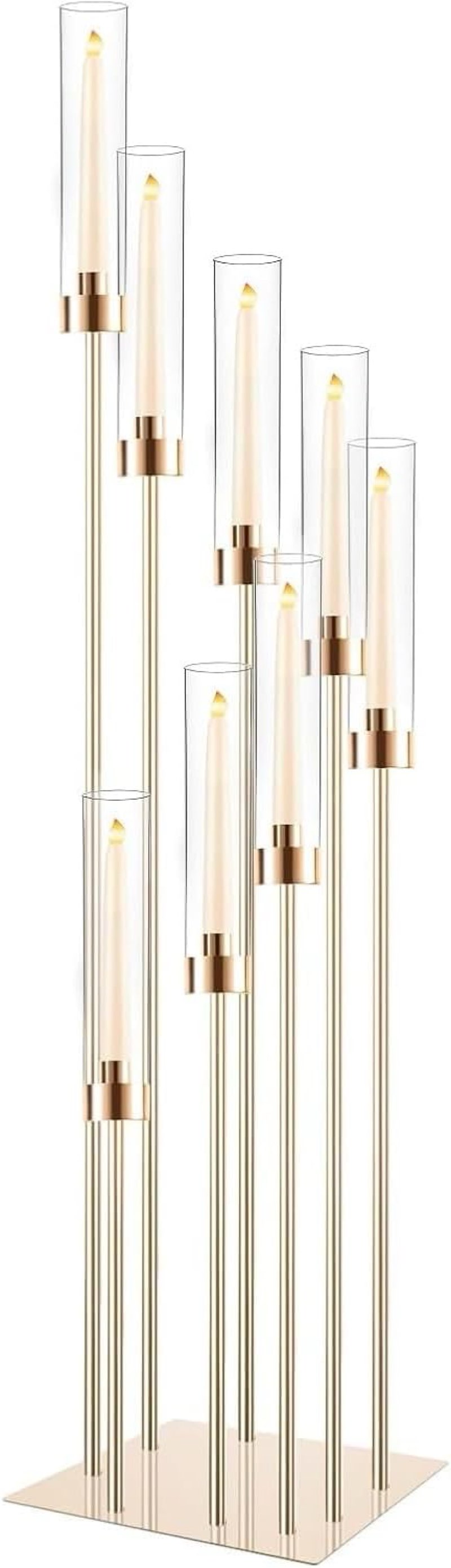 Floor Candelabra Wedding Centerpiece, 45.3'' Tall Floor Candle Holder Set, 8-arm gold Metal Candlestick Holders with Acrylic Shades, LED Taper Candle Holder Stand for Party Wedding Home Decor