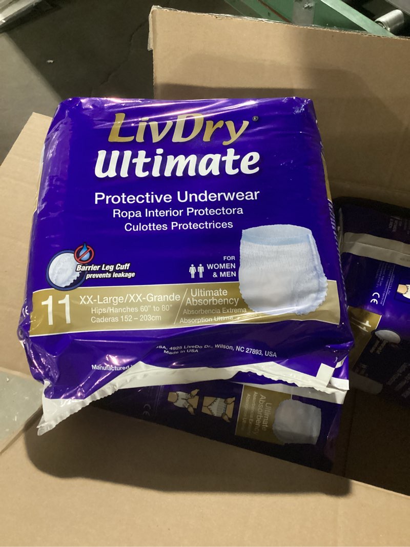 Condition photo showing New/Like New for livdry ultimate 2xl adult incontinence underwear, max absorbant diapers for women and men, xxl 60” -80" waist, leak proof cuff, xx-large, 11-pack xx-large (11 count)