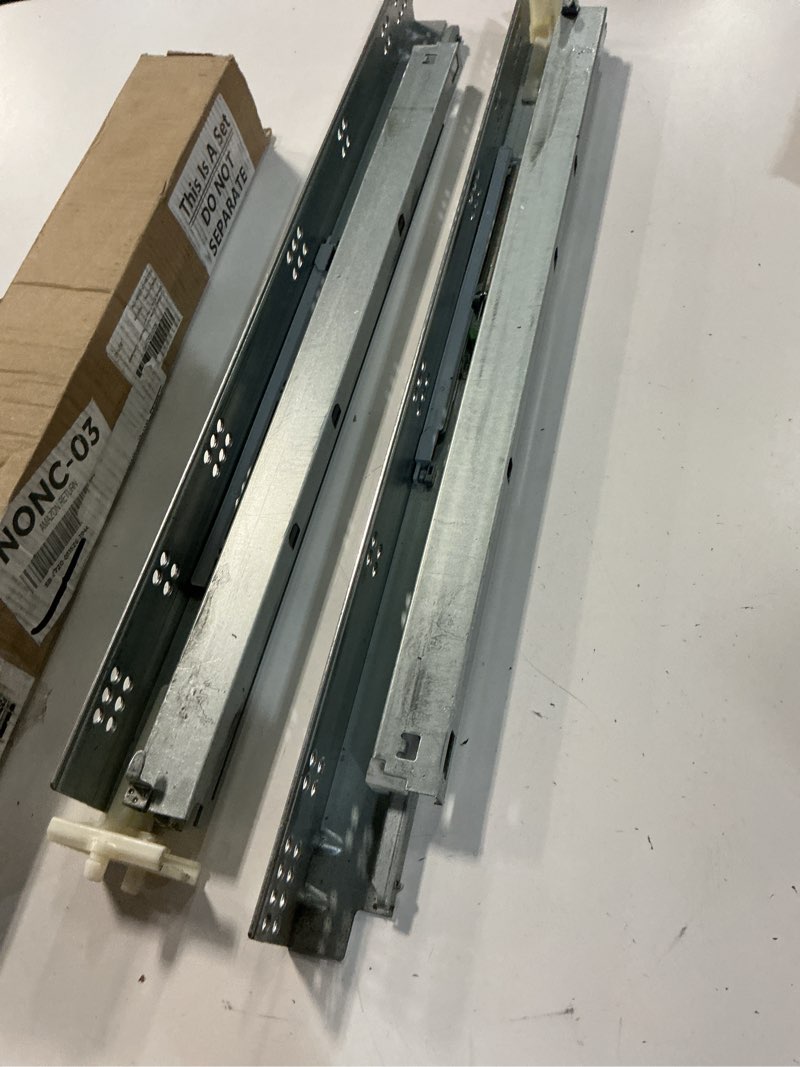 Condition photo showing Good Condition for 21" drawer slides full extension soft close, 85 lb load capacity, plated cold rolled steel, concealed drawer rails, 1 pair 1 21 inch