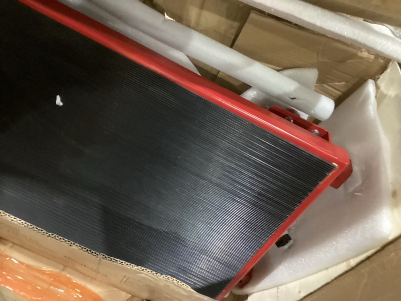 Condition photo showing As Is for vevor tf23 hydraulic lift table cart, 500lbs capacity 28.5" with 4 wheels and non-slip pad, for material handling and transportation, red