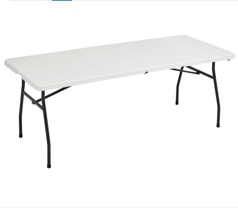 Amazon Basics Heavy Duty Portable Folding Table, 6 ft, Indoor & Outdoor, Fold-in-Half Design with Carrying Handle, White | Portable, Heavy Duty, Indoor & Outdoor, with Carrying Handle