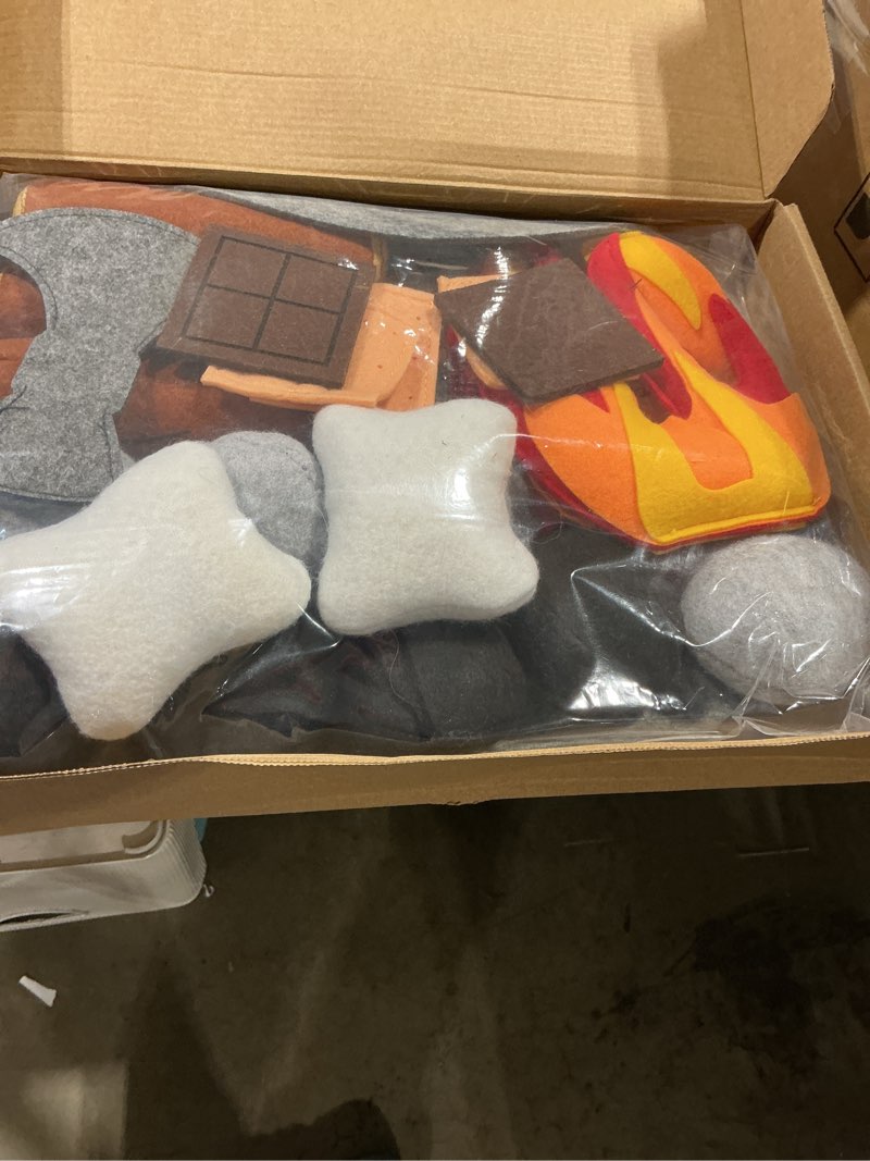 Condition photo showing Good Condition for 23 pcs pretend campfire toys, kids plush felt play campfire playset safe fake fire wood stones toys pretend camping play set for kids toddlers age 3-5