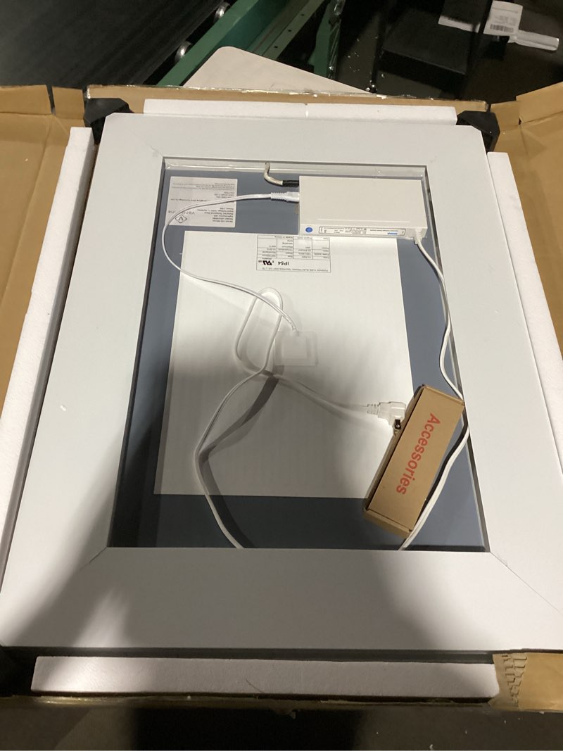 Condition photo showing As Is for LED Bathroom Mirror, 24x32 Inch Gradient Front and Backlit LED Mirror for Bathroom, 3 Colors Dimmable CRI>90 Double Lights, IP54 Enhanced Anti-Fog, Hanging Plates Lighted Vanity Mirror