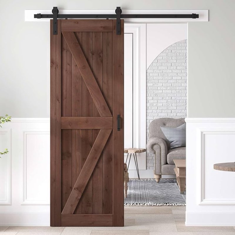 roymelo 30x84 inch sliding barn wood door slab with 5ft hardware kit and handle, coffee, k shape, si