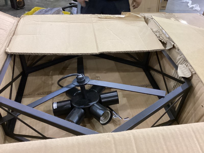 Condition photo showing As Is for Industrial Semi Flush Mount Ceiling Light, 6 Light Modern Metal Close to Ceiling Light Fixture, Farmhouse Light Fixtures Ceiling Mount, Black Chandelier for Kitchen, Dining Room, Hallway Black-6-Light 6-Light