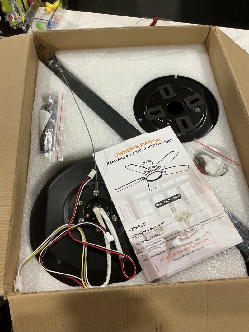 Condition photo showing Good Condition for BYKISTOK Flush Mount Ceiling Fan with RGB Light - 52In Black Ceiling Fan Light with Reversible Mute Motor, LED 3CCT Dimmable, Low Profile Modern Ceiling Fans for Indoor, Party, Covered Outdoor Black-RGB-52in