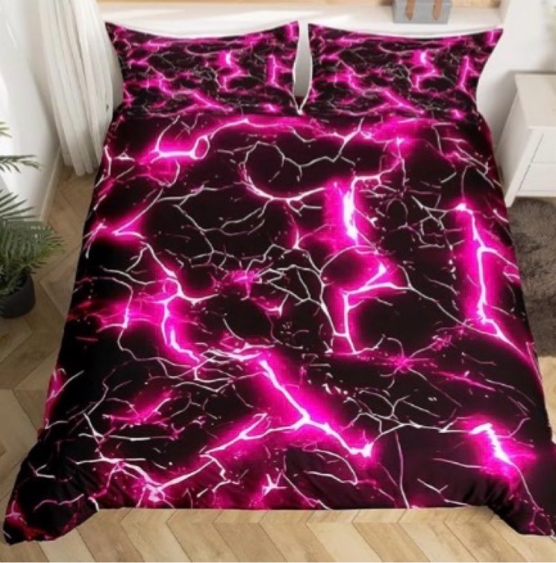 qoomo lightning pattern kids comforter set, neon light printed bed sets bedroom decor, soft microfiber pink bedding sets, full bedding sets for boys girls children, 1 comforter set 2 pillowcases abstract lightning full