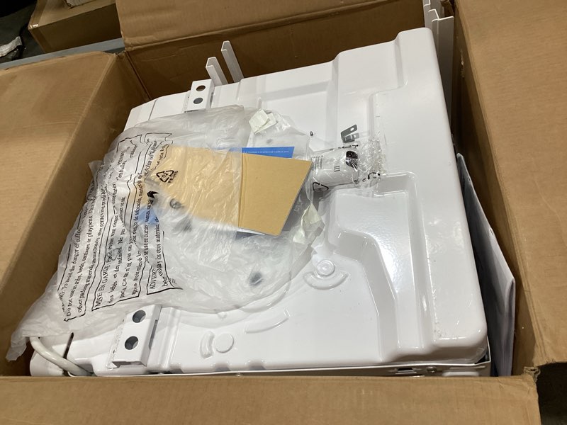 Condition photo showing As Is for midea 8,000 btu smart inverter window air conditioner with app, alexa control, 115v ac unit cools up to 350 sq. ft, quiet operation, energy saving, remote & easy installation kit, white