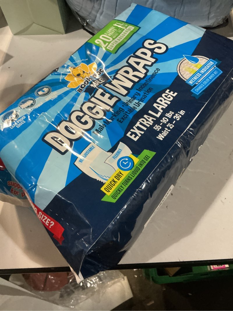 Condition photo showing New/Like New for bodhi dog disposable male dog diapers - super absorbent, leak-proof pee wraps - adjustable fit, comfortable design, advanced moisture control, and wetness indicator - extra large (20 count)