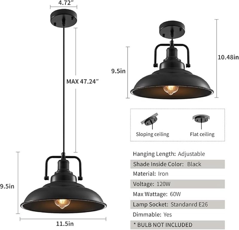 SESIMENT Black Pendant Light 12.5 inches 1 Pack, Farmhouse Pendant Light, Industrial Pendant Lightin