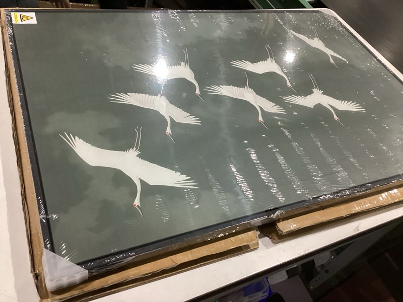 Condition photo showing New/Like New for large framed vintage green bird wall art for living room, vertical nature emerald green zen asian canvas painting prints artwork for walls, oriental white crane flying birds for bedroom kitchen, 24x36 36"l x 24"w emerald green