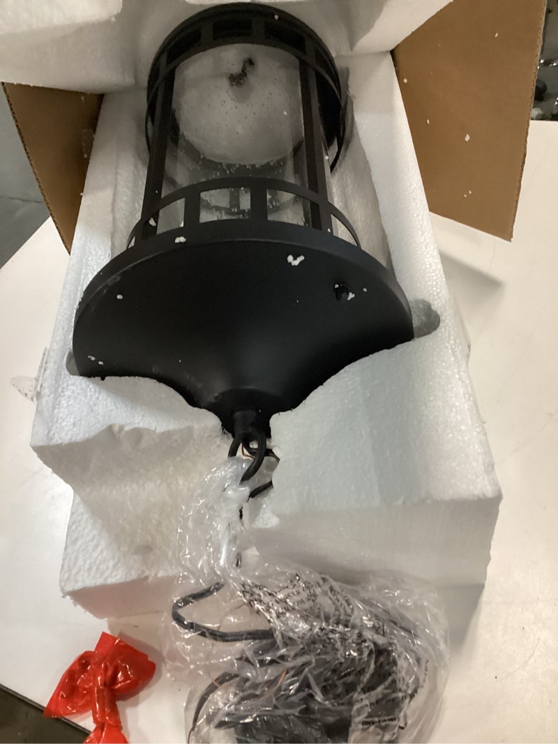 Condition photo showing Good Condition for ALLGOT Outdoor Pendant Light Fixtures, Exterior Hanging Lantern Porch Light, Black Hanging Lamp Farmhouse Exterior Chandelier Ceiling Mount for Porch, Patio, or Entryway (Black, 18.97 Inch Height) Black-Seeded Glass Large-18.97 Inch Height