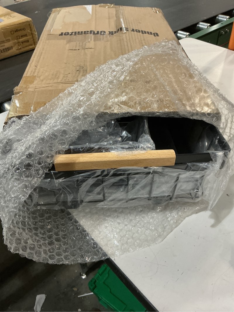 Condition photo showing New/Like New for PXRACK Under Sink Organizer, Adjustable Height, 2-Pack 2 Tier Pull Out Under Cabinet Organizer, Slide Out Thickened Metal Under Sink Storage for Kitchen Bathroom Laundry Pantry Cabinet, L, Black Large Black