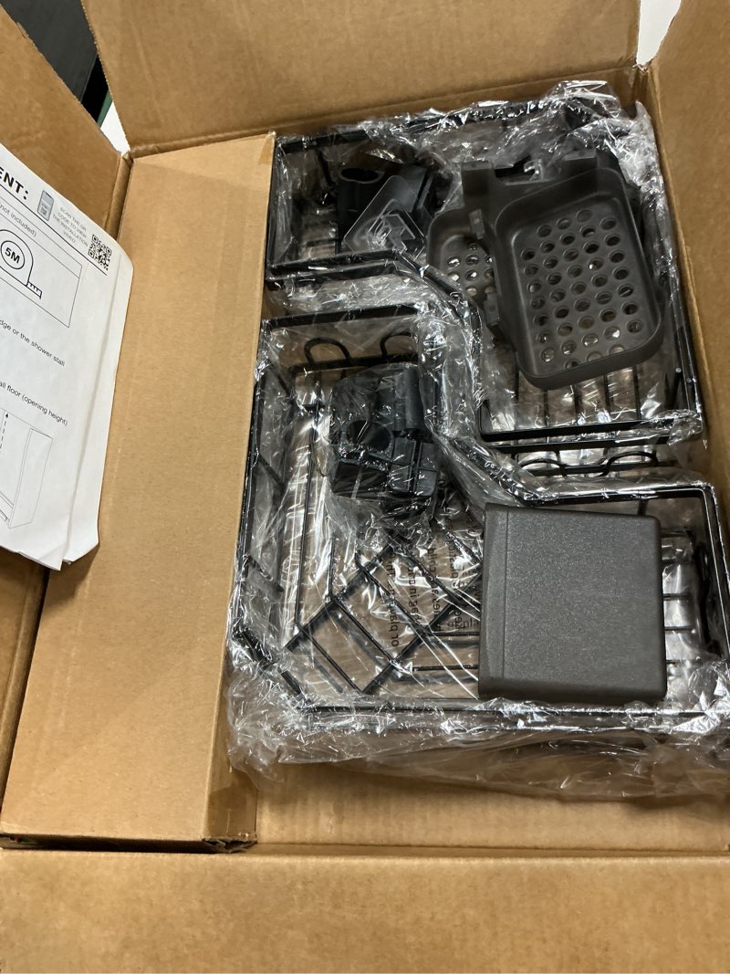 Condition photo showing As Is for corner shower caddy tension pole: 4tier adjustable rustproof bathroom organizer shelves - bathtub shampoo rack 43.5-120 inch