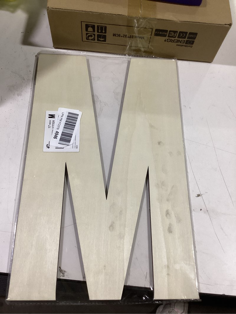 Condition photo showing New/Like New for 17 inch large wooden letter m, 1/4 in thick big wood letter for wall decor crafts