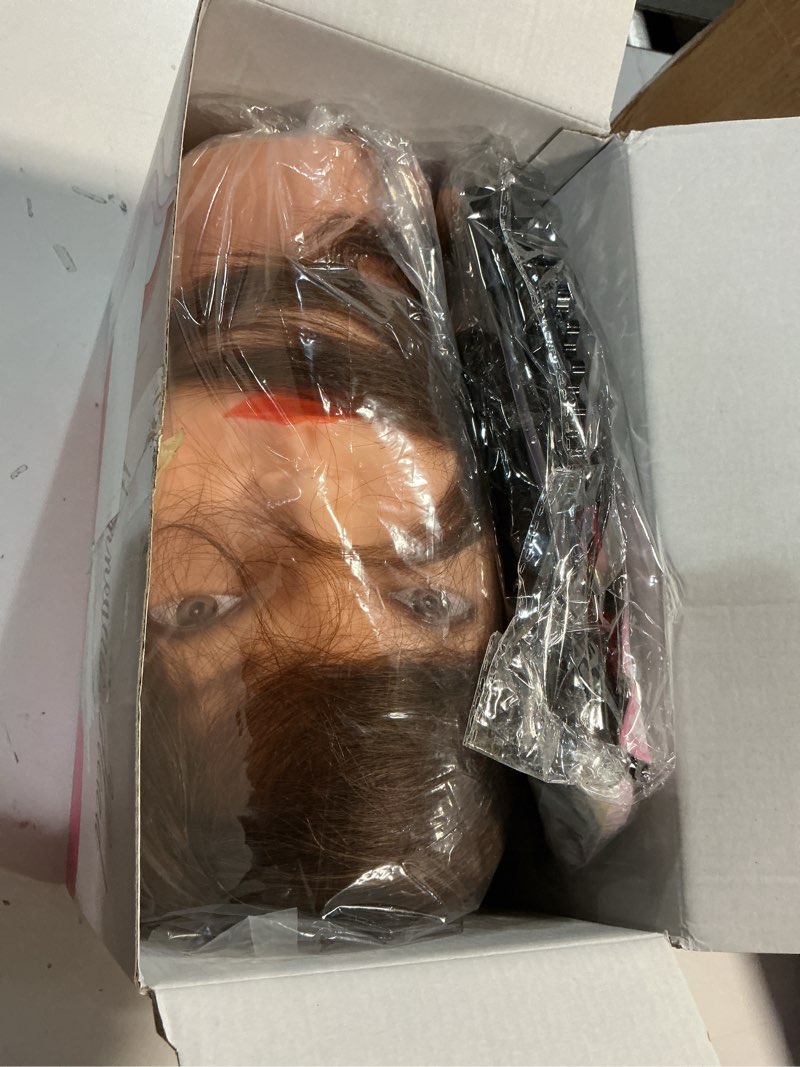 Condition photo showing Good Condition for mannequin head with 100% human hair, topdirect real hair cosmetology mannequin head hair styling hairdressing practice training doll head with clamp holder and tools (dark brown)