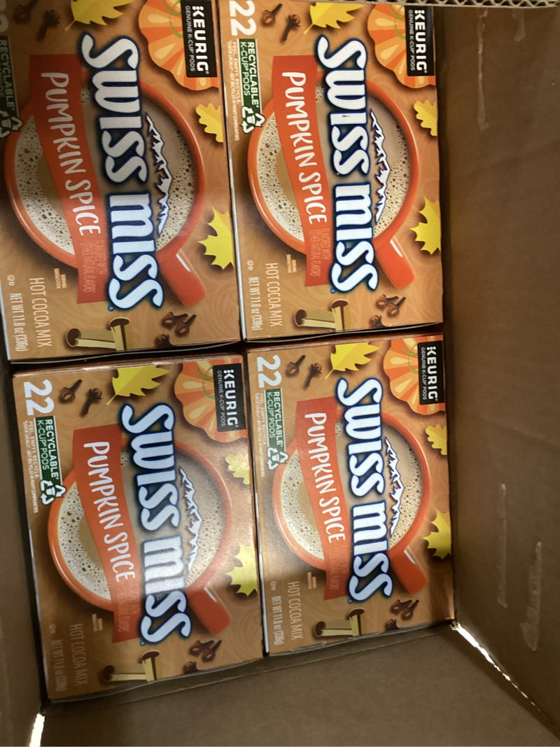 bb 08/09/2025) swiss miss pumpkin spice hot cocoa k cups- 4 boxes of  22 count(ct) from unique shopper