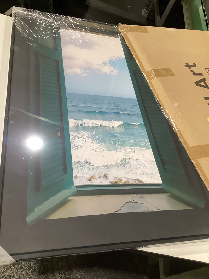 Condition photo showing As Is for Framed Window Ocean Wall Art, Large Blue Coastal Beach Scene Artwork, Modern Relaxing Seascape Canvas Vertical Picture Print for Living Room Entryway Dining Room Wall Decor, 24x36 Inch Green Window - 1 Pcs
