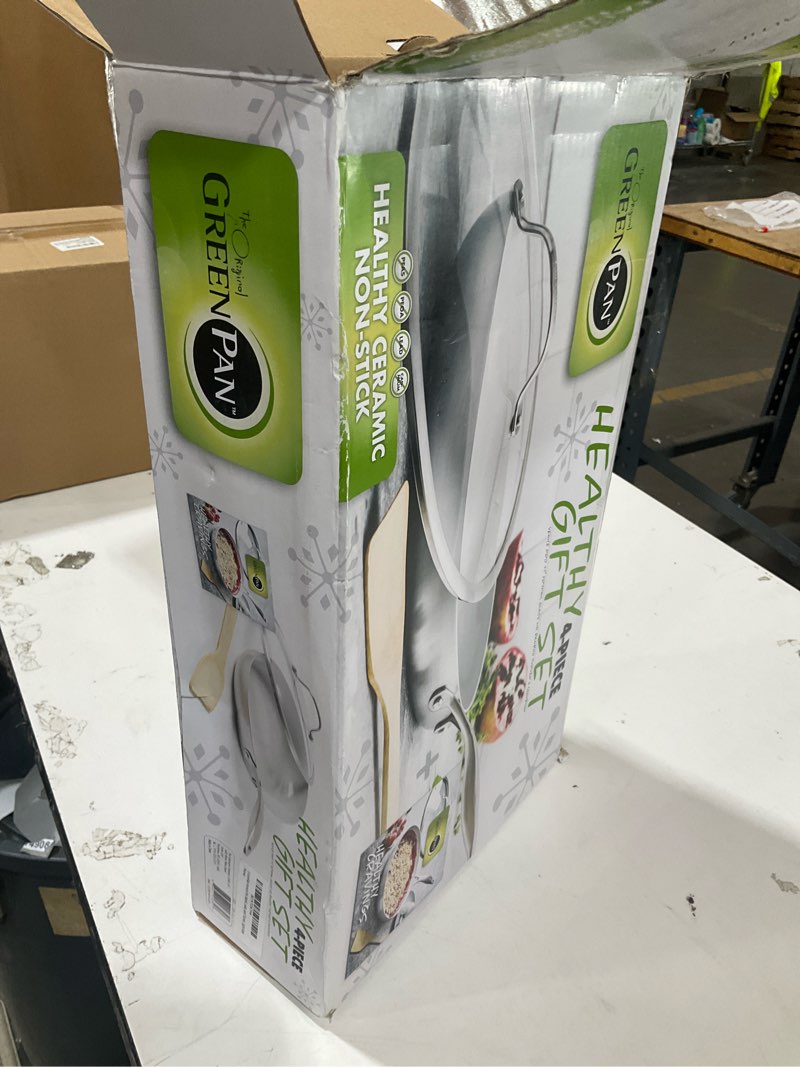 Condition photo showing As Is for greenpan venice pro tri-ply stainless steel healthy ceramic nonstick 11" frying pan skillet with lid cookbook and turner, pfas-free, multi clad, induction, dishwasher safe, oven safe, silver 11" frypan with lid, cookbook, and turner silver