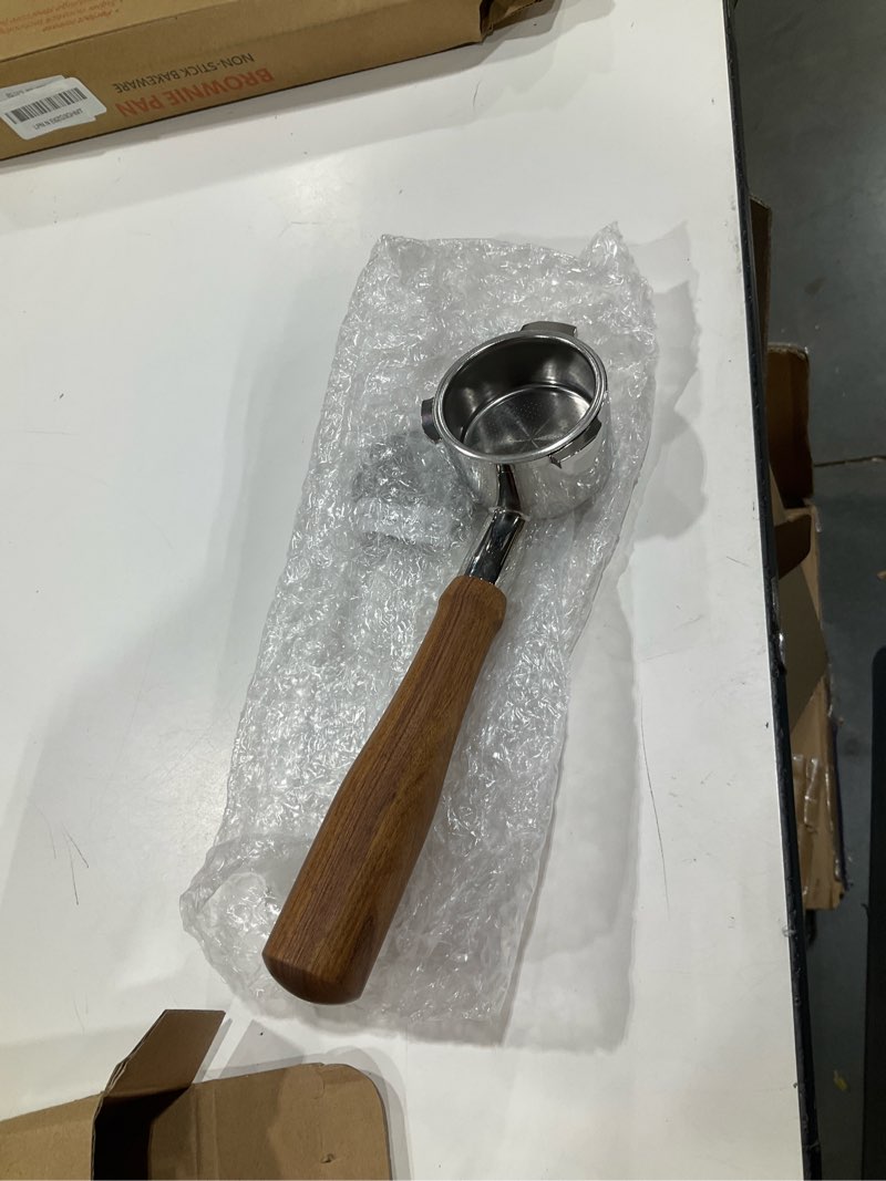 Condition photo showing Good Condition for 51mm bottomless portafilter for cm5418, 3 ears portafilter with 51mm puck screen compatible for casabrews espresso machine cm5418, 3700essential and 5418pro, stainless steel filter holder and filter silver&wood