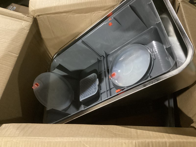 Condition photo showing As Is for 135° flip-top stainless steel litter box with lid, extra large enclosed cat litter box, metal litter pan with front & top entry, odor control, scoop & filter pedal dark gray