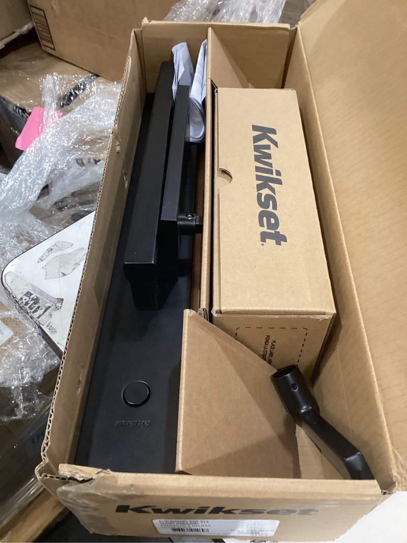 Condition photo showing As Is for kwikset caerus front door lock handle and deadbolt set, entry handleset exterior with interior reversible lever, matte black, dummy deadbolt double door security, with microban protection matte black dummy