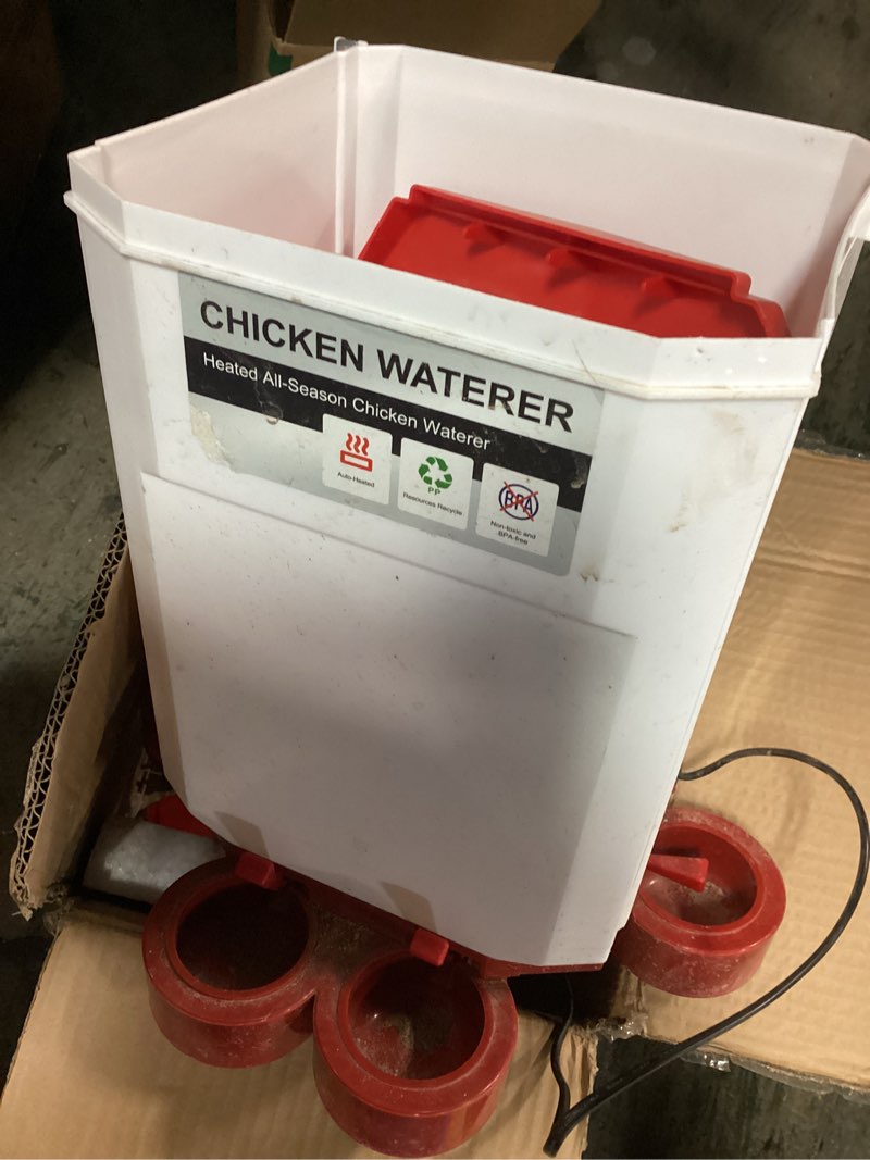 Condition photo showing As Is for HIRALIY Heated Chicken Waterer 3 Gallon Red, Freeze Proof Heated Poultry Waterer with 4 Drinking Cups for Chicks, Chickens, Ducks, Geese